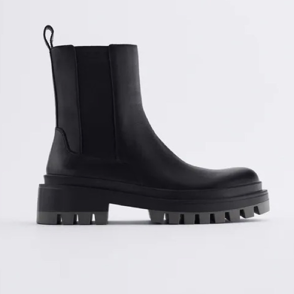 Zara Shoes - ZARA Leather Lug Boots Pull Tab Black 38 NWT